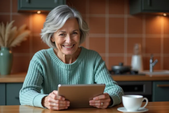 Une femme senior souriante gérant son compte Famileo sur une tablette dans sa cuisine