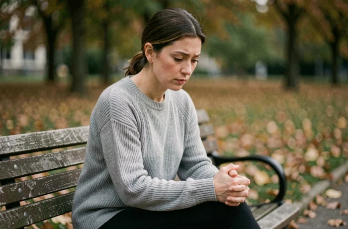 Femme en souffrance psychique assise seule sur un banc dans un parc à l'automne, expression introspective et vulnérable