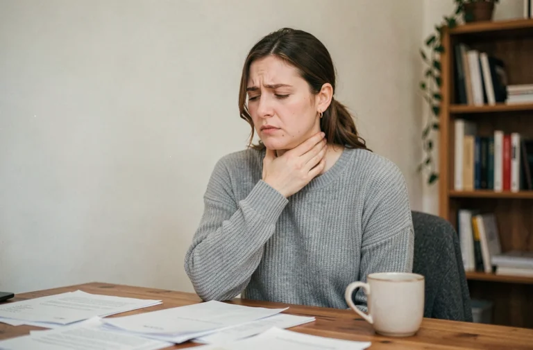 Femme stressée assise à son bureau, main sur la gorge, illustrant la sensation de boule dans la gorge liée à l'anxiété