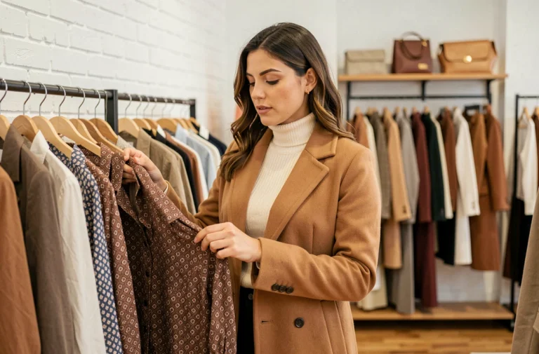 Femme élégante en manteau camel explorant les nouvelles tendances mode dans une boutique tendance aux murs en brique blanche