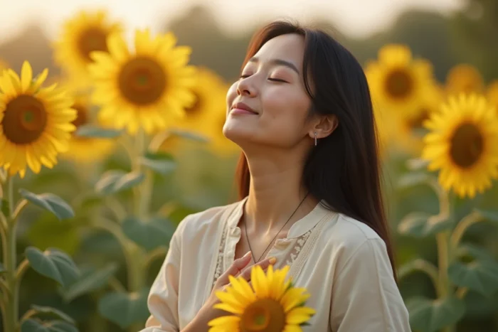 Femme tenant un tournesol dans un jardin, expression de sérénité et de connexion spirituelle