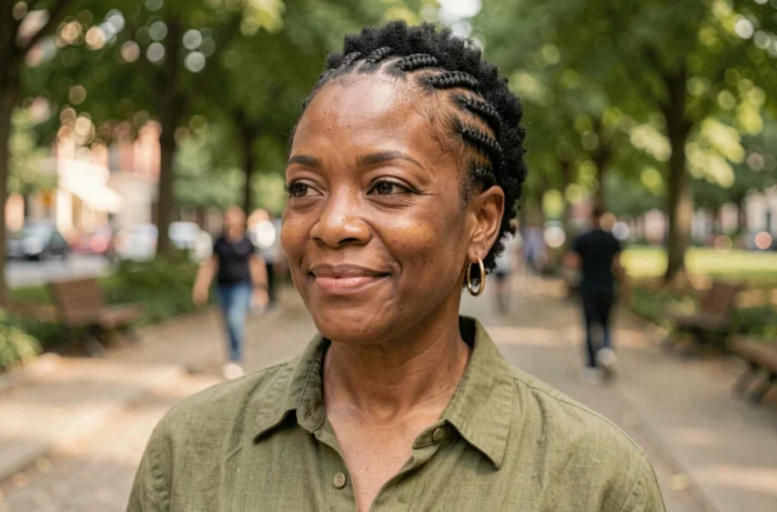 Femme noire avec tresses africaines sans rajout sur cheveux afro courts dans un parc urbain en plein air