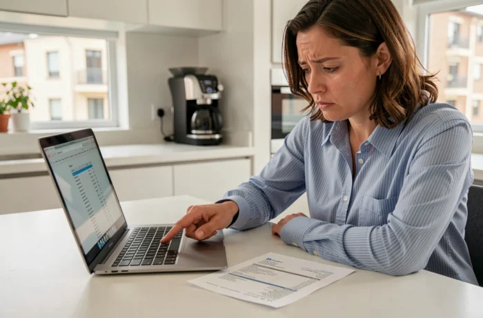 Femme comparant un relevé bancaire papier avec des informations en ligne pour détecter une arnaque de prélèvement