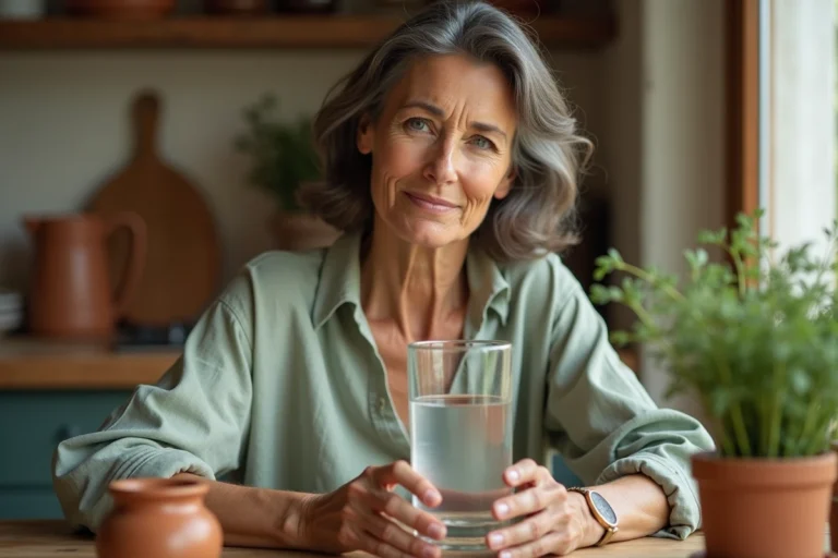 Femme tenant un verre d'eau dans une cuisine provençale pour améliorer la circulation sanguine naturellement