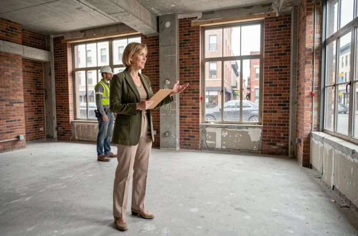 Femme investisseuse visitant un appartement en rénovation avec un entrepreneur, symbolisant la gestion d'un bien immobilier locatif
