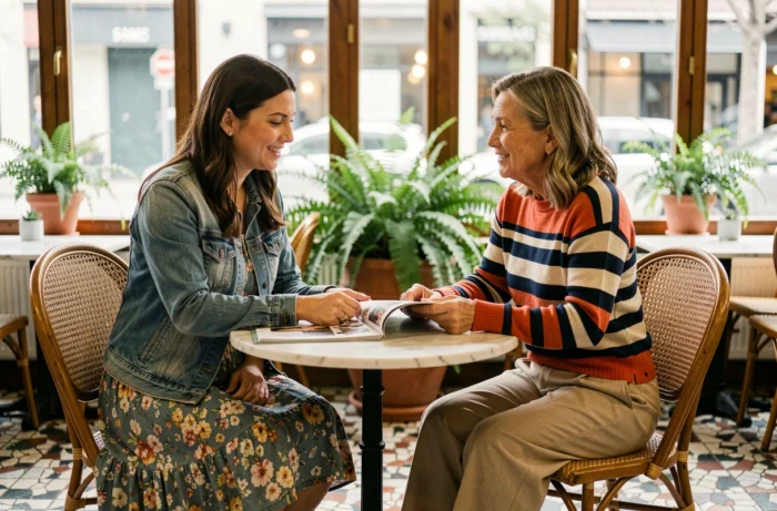 Deux femmes aux styles distincts discutent de tendances mode autour d'un magazine dans un café vintage aux carreaux de mosaïque