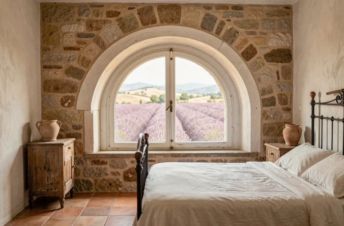Grande fenêtre cintrée en bois blanc dans une chambre rustique provençale avec vue sur champ de lavande