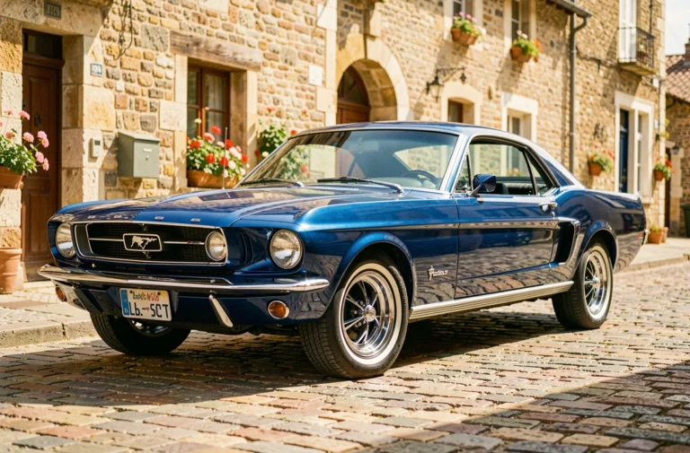 Ford Mustang 1965 bleue restaurée garée sur des pavés dans un village français, voiture de collection américaine