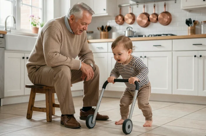 Grand-père observant attentivement son petit-enfant utilisant un chariot de marche dans une cuisine lumineuse