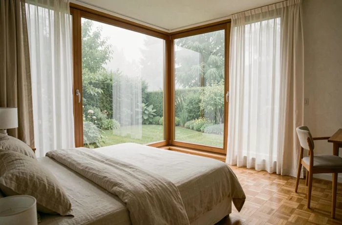 Grande fenêtre sol-plafond à cadre en bois dans une chambre scandinave lumineuse avec rideaux en lin blanc et vue sur jardin
