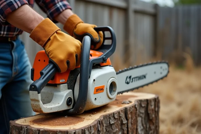 Gros plan sur des mains gantées tirant le lanceur d'une tronçonneuse Stihl posée sur une bûche en bois dans un jardin rural