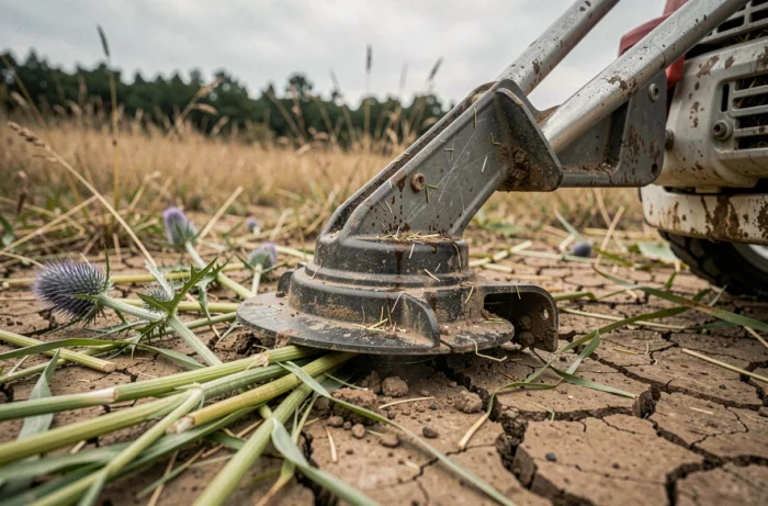 Gros plan de la tête de coupe d'une débroussailleuse posée sur un sol terreux après une session de débroussaillage en prairie
