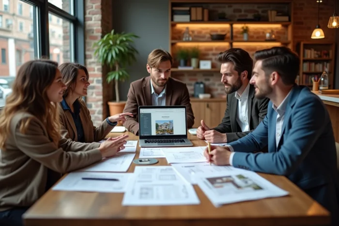 Groupe de quatre adultes discutant d'un achat immobilier collectif autour d'une table avec des documents et un ordinateur portable