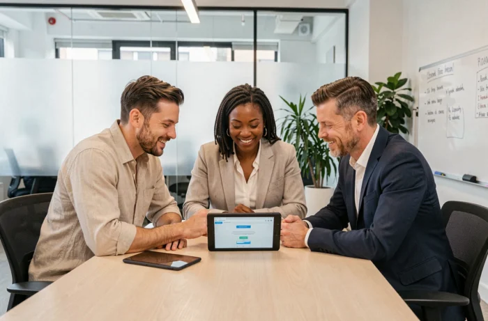 Groupe de personnes collaborant autour d'une tablette pour organiser une campagne de pétition en ligne dans un espace de coworking
