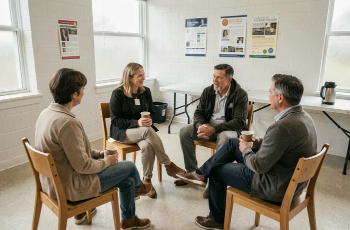 Groupe de soutien en santé mentale réuni en cercle dans un centre communautaire, partage et écoute bienveillante entre adultes