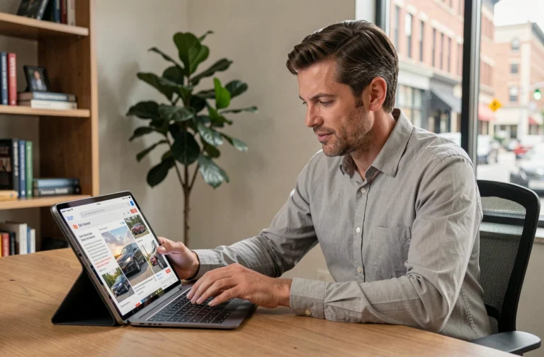 Homme consultant les actualités du secteur automobile sur une tablette dans un bureau moderne