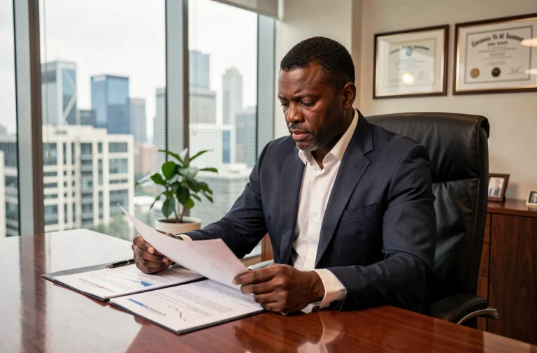 Homme d'affaires africain en costume marine assis à son bureau executive en train d'examiner des documents financiers