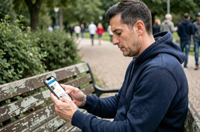 Homme consultant des annonces gratuites sur smartphone dans un parc public en extérieur