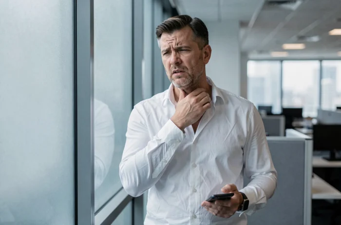 Homme anxieux dans un bureau moderne tenant son téléphone, illustrant le stress professionnel et la sensation de gorge serrée