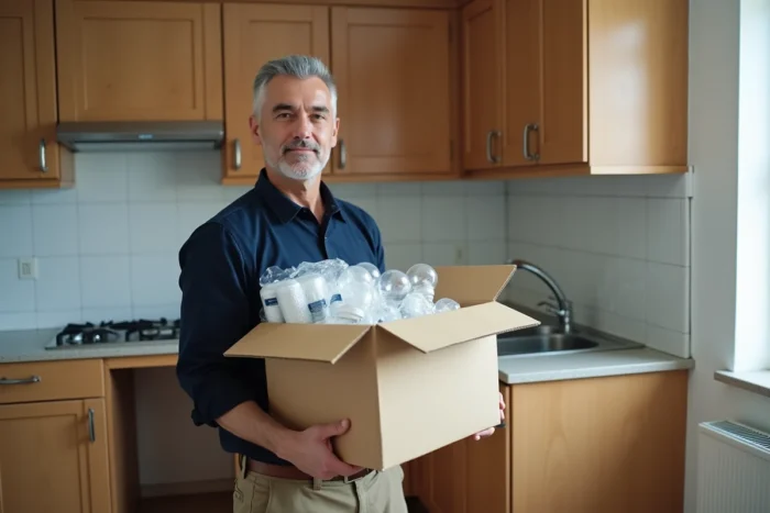 Homme tenant un carton avec des ampoules emballées dans une cuisine vidée avant déménagement