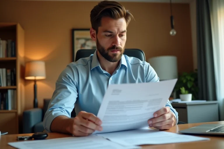 Homme consultant un certificat de non gage et des documents administratifs pour la vente d'un véhicule