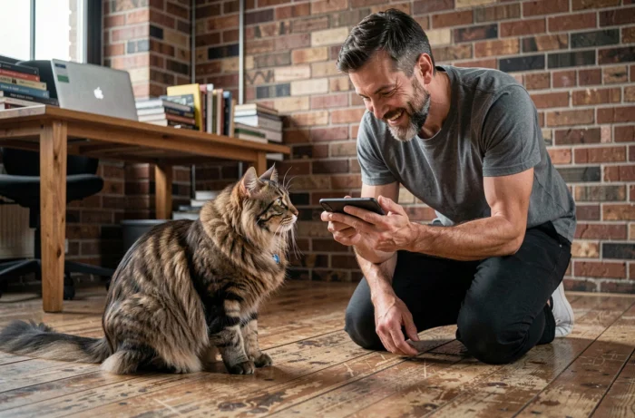 Homme photographiant son chat Maine Coon avec un smartphone dans un bureau à domicile avec murs en briques