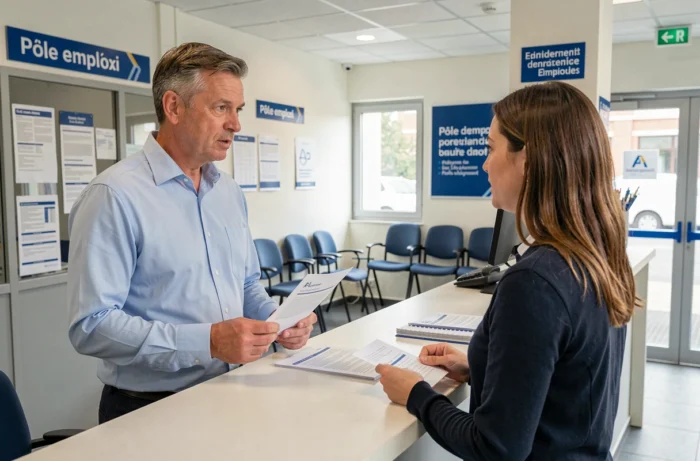 Homme en discussion avec un conseiller Pôle emploi au guichet pour signaler un problème de virement