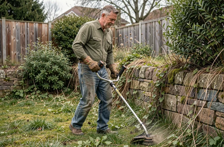 Homme utilisant une débroussailleuse à fil pour entretenir les herbes folles le long d'un muret de jardin en pierre