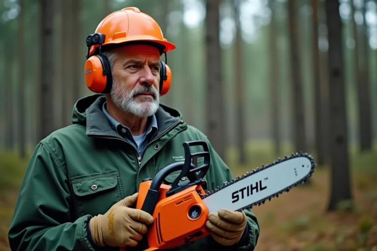 Homme portant un équipement de protection complet tenant une tronçonneuse Stihl avant de la démarrer dans une forêt de pins