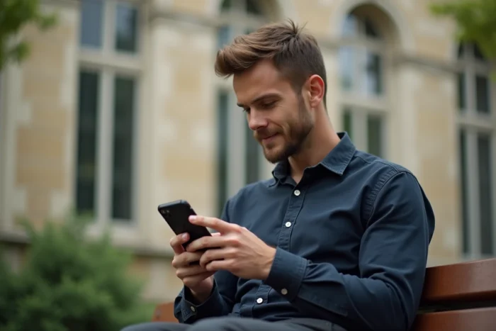 Homme configurant un compte mail académique de Poitiers sur iPhone assis sur un campus universitaire en France