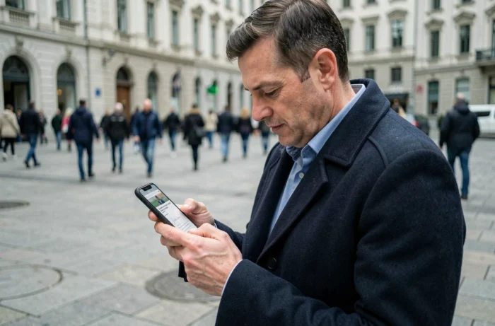 Homme consultant une pétition en ligne sur son smartphone dans une place publique urbaine, symbole de l'engagement citoyen numérique