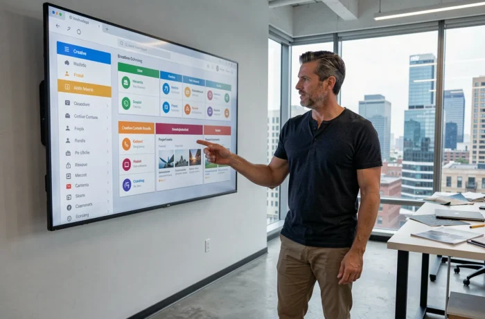 Homme consultant un plan de site numérique interactif dans un bureau créatif moderne avec vue urbaine