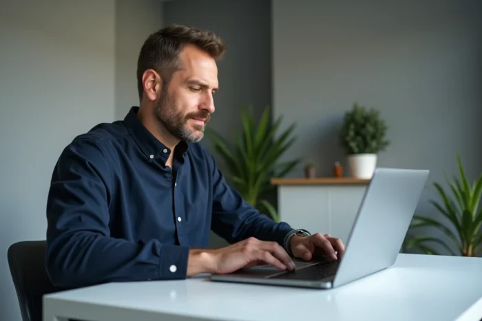 Homme recherchant son code Action Logement dans sa boîte email sur un ordinateur portable