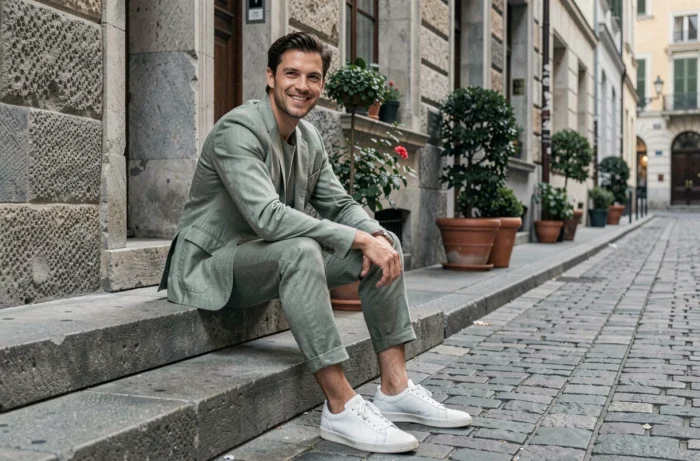 Homme stylé en blazer lin vert sauge assis sur des marches urbaines, illustrant les tendances mode masculine de la saison