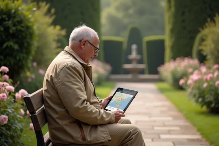 Homme utilisant une tablette pour naviguer sur le plan du site des Jardins de Camille assis dans un jardin