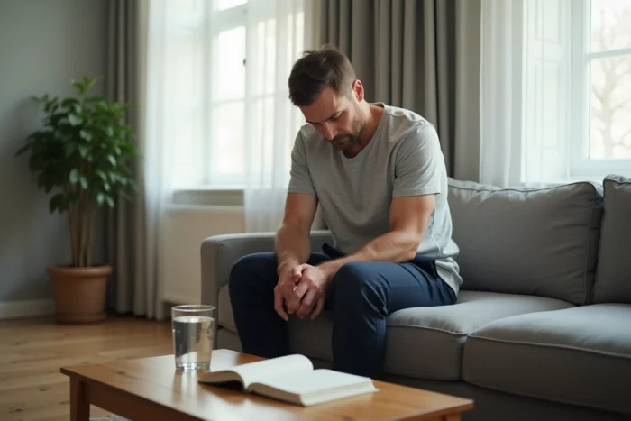 Homme massant ses jambes pour soulager les varices avec un verre d'eau minérale posé sur la table