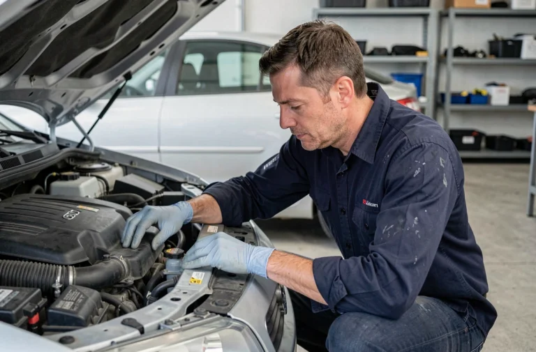 Mécanicien amateur inspectant le moteur de sa voiture dans un garage domestique bien rangé