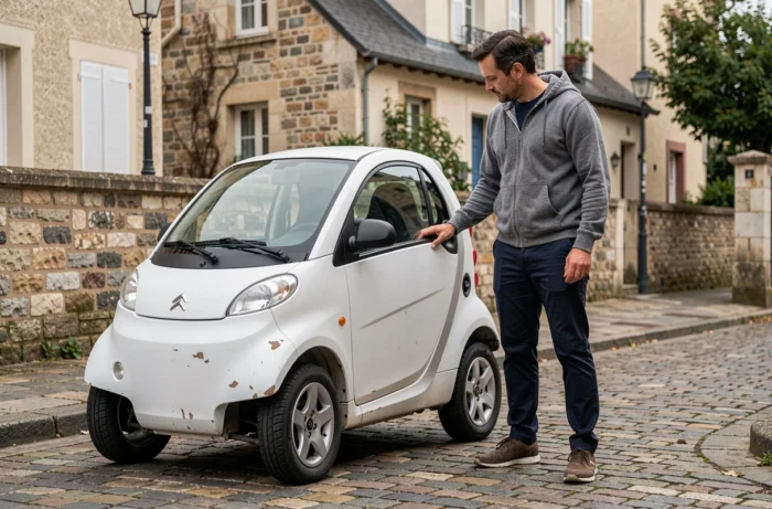 Homme inspectant une voiture sans permis d'occasion reçue en donation dans une rue française