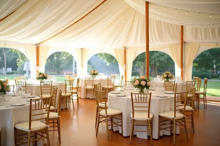 Intérieur d'un chapiteau de réception décoré avec tables rondes et chaises dorées pour mariage à Paris
