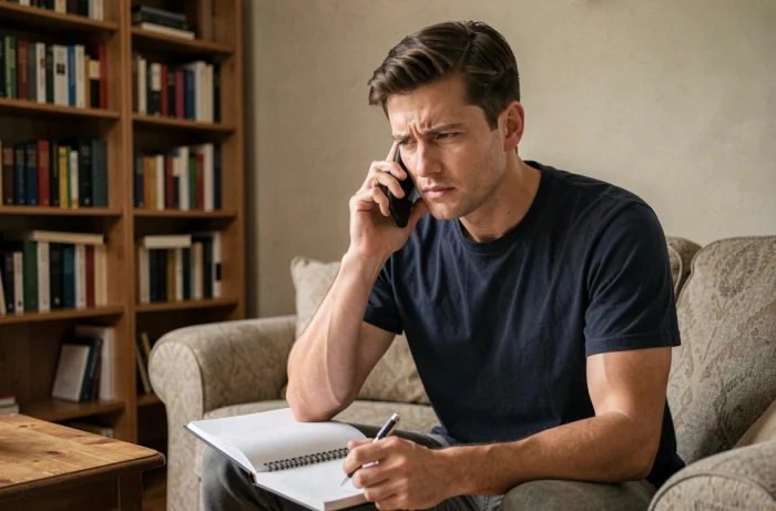 Jeune homme au téléphone contactant Pôle emploi pour signaler un retard de versement d'allocation