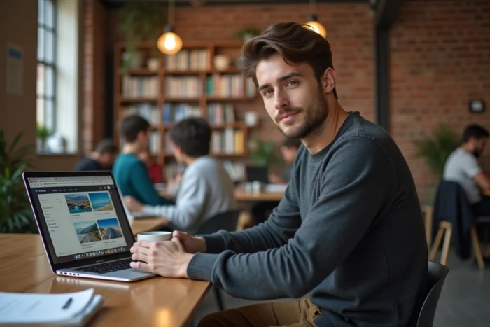 Jeune professionnel travaillant sur des stratégies de marketing digital dans un espace de co-working créatif