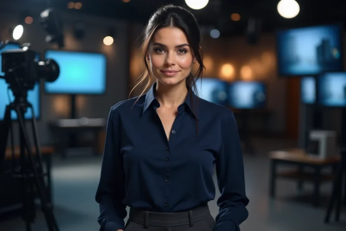 Femme professionnelle aux origines italiennes dans les coulisses d'un studio de télévision français, symbolisant la double influence culturelle sur la carrière médiatique de Kelly Vedovelli