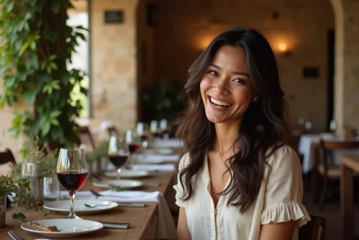Femme aux traits méditerranéens attablée dans une trattoria italienne authentique, évoquant les traditions familiales et culinaires italiennes qui influencent la vie de Kelly Vedovelli