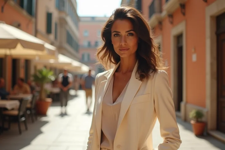 Femme élégante aux origines italiennes posant dans une piazza ensoleillée, illustrant l'influence de la culture italienne sur le style et la personnalité de Kelly Vedovelli