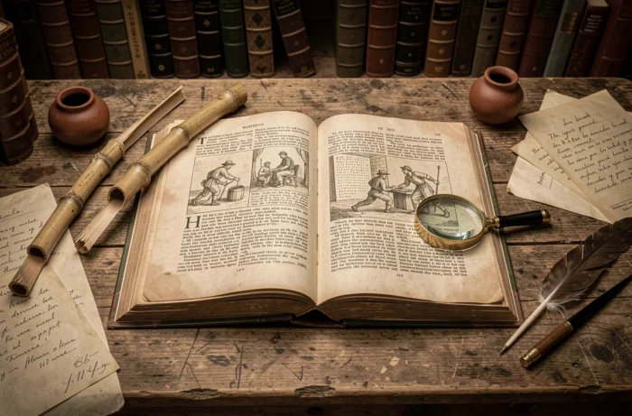 Livre ancien ouvert sur des illustrations historiques de supplices orientaux posé sur un bureau d'érudit avec un fragment de bambou séché, recherche académique sur les tortures ancestrales