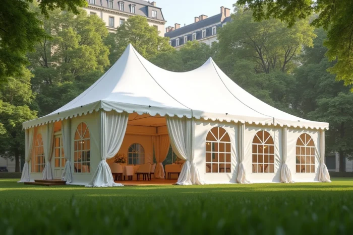 Grand chapiteau blanc élégant installé dans un parc parisien pour une réception extérieure
