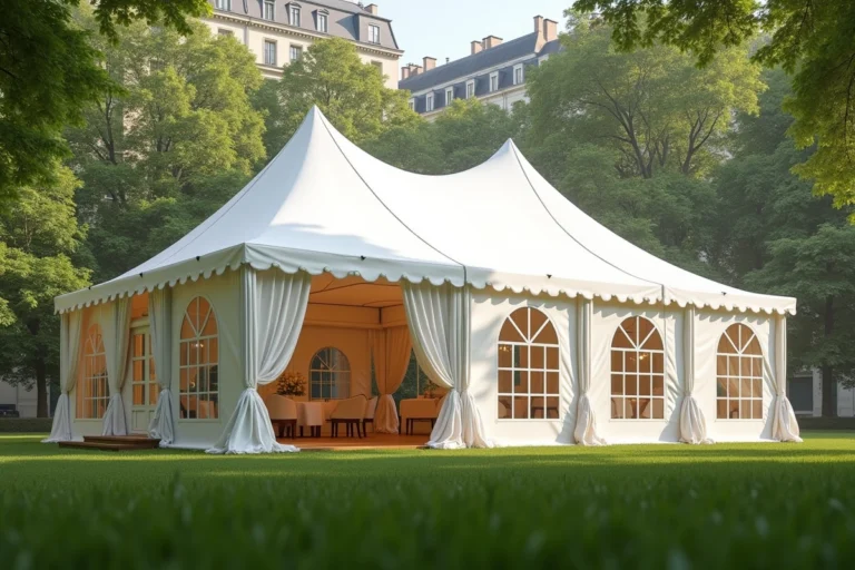Grand chapiteau blanc élégant installé dans un parc parisien pour une réception extérieure