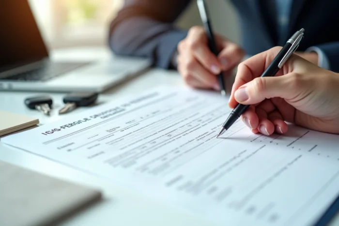 Mains remplissant un formulaire de certificat de non gage sur un bureau administratif avec des clés de voiture