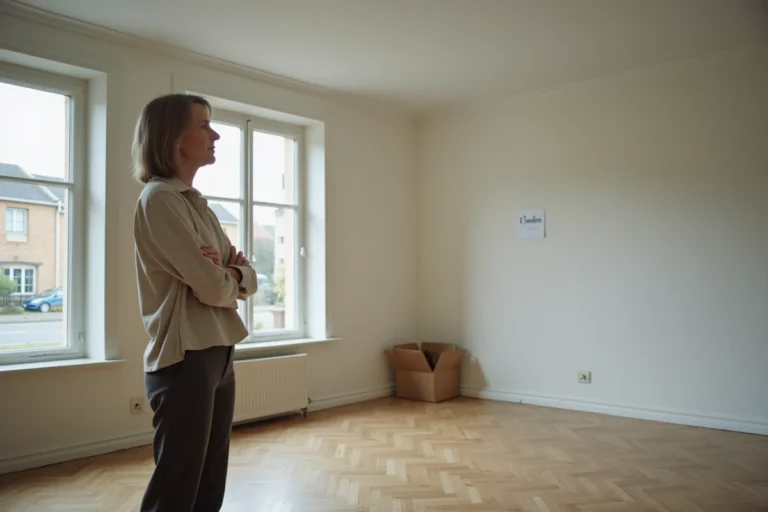 Femme seule dans une maison vide à vendre dans le Finistère lors d'un divorce, regardant par la fenêtre avec une expression pensive