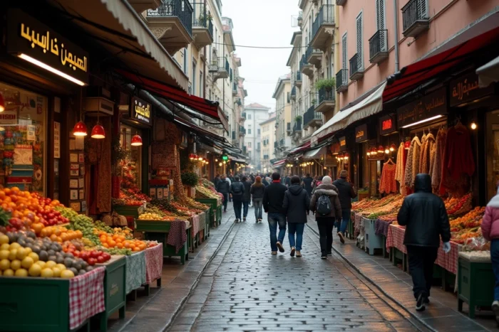 Marché urbain multiculturel animé dans un quartier européen avec des enseignes en plusieurs langues et des habitants de diverses origines culturelles